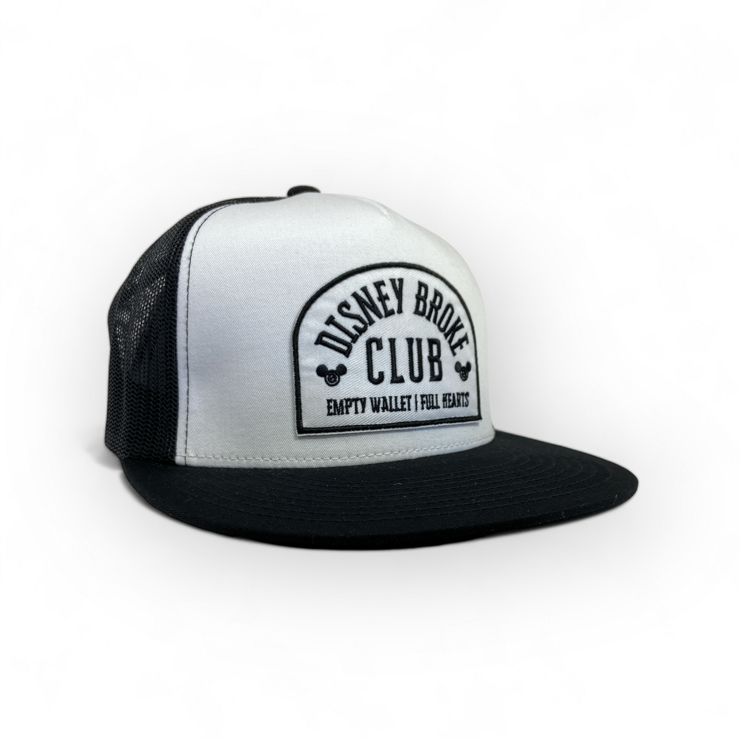 white and black disney flatbill trucker