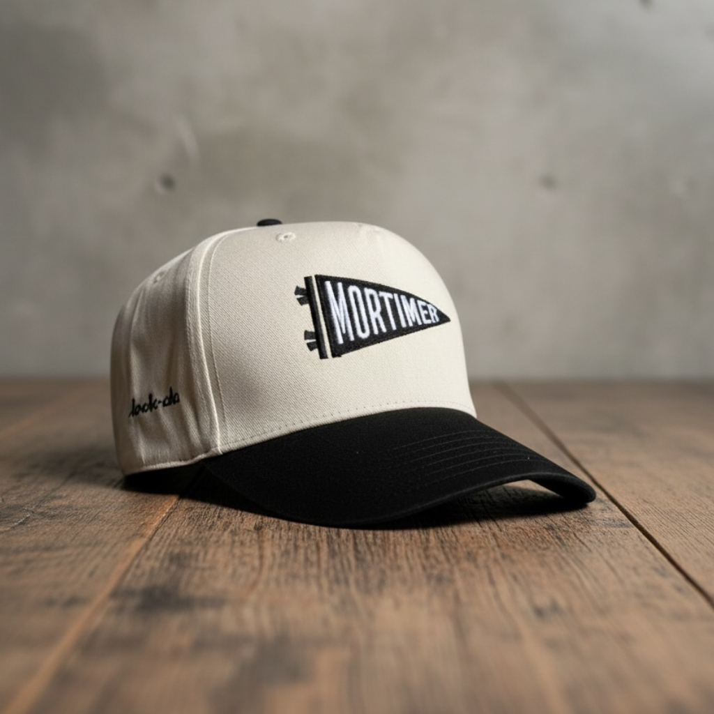 White and black cap with 'Mortimer' logo on a wooden surface