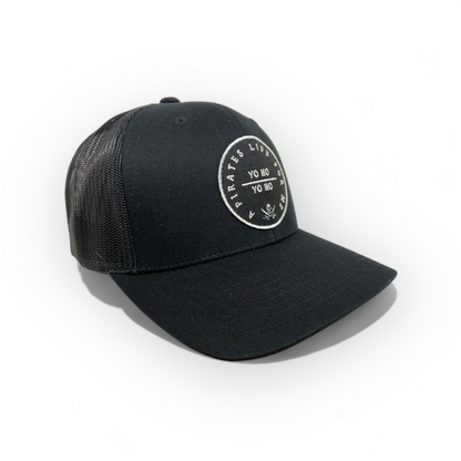 black trucker pirates curved bill patch hat